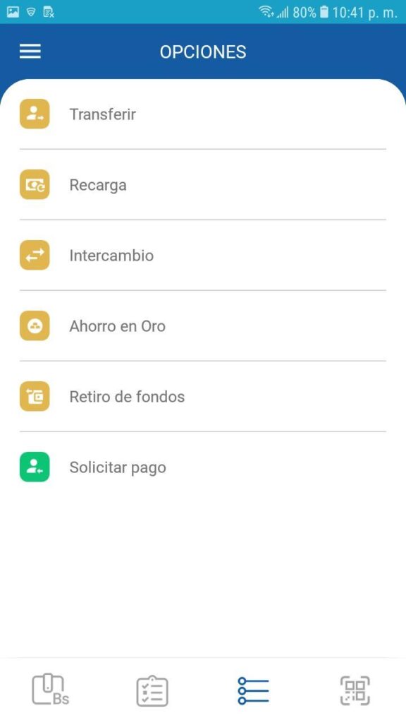 Menú opciones de la aplicación veMondero Patria