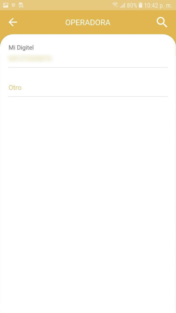 Selección de número para la Recarga de la aplicación veMondero Patria