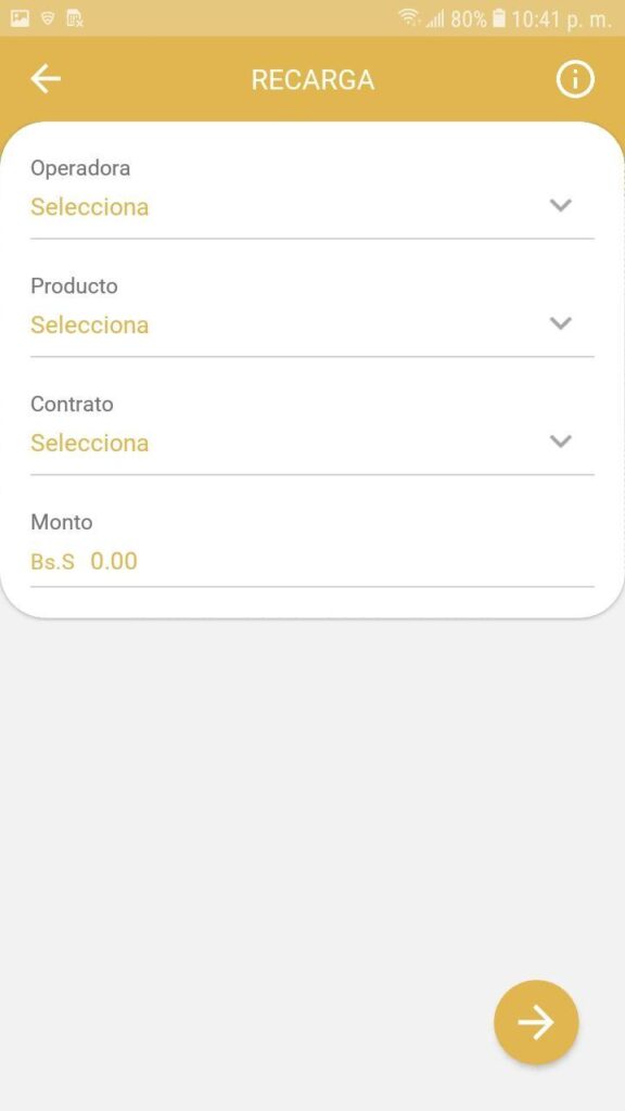 Menú recarga de la aplicación veMondero Patria