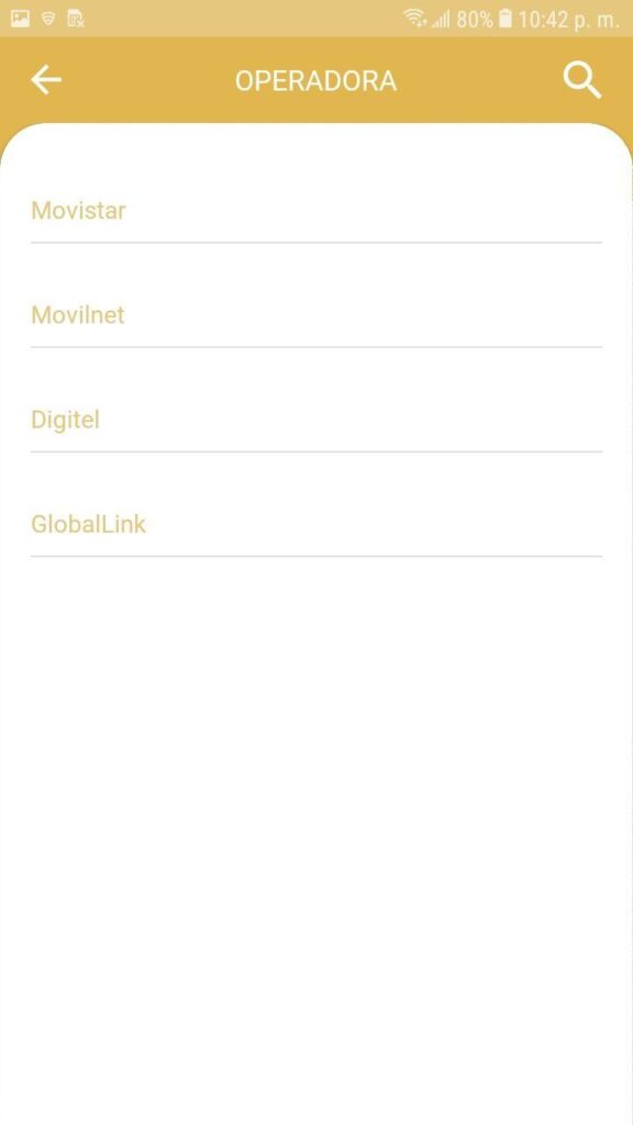Menú Operadoras de la Recarga de la aplicación veMondero Patria