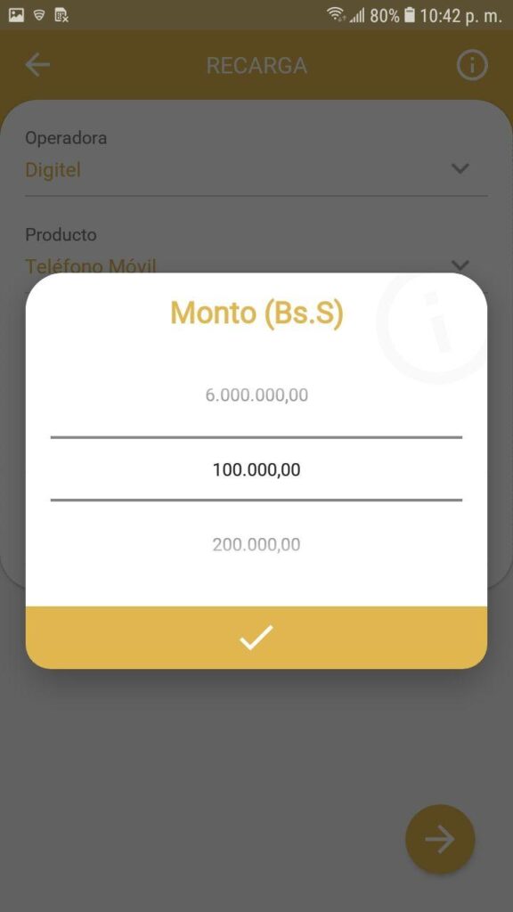 Selección de monto de la Recarga de la aplicación veMonedero Patria