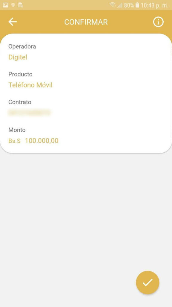 Confirmación de la Recarga de la aplicación veMonedero Patria