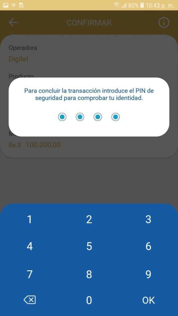 Validación con PIN de la Recarga de la aplicación veMonedero Patria