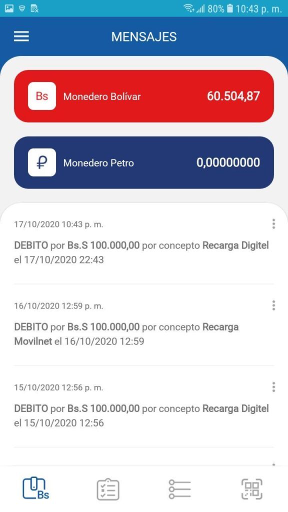 Histórico de movimientos de la aplicación veMonedero Patria
