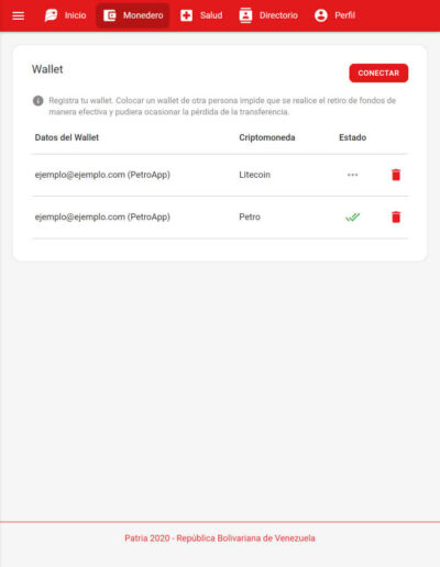 Detalles de wallets PetroApp conectadas al sistema Patria
