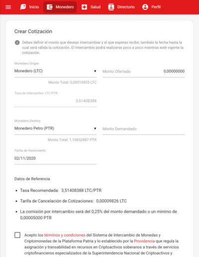 Creación de cotización para el intercambio del par Petro-Litecoin en la plataforma Patria