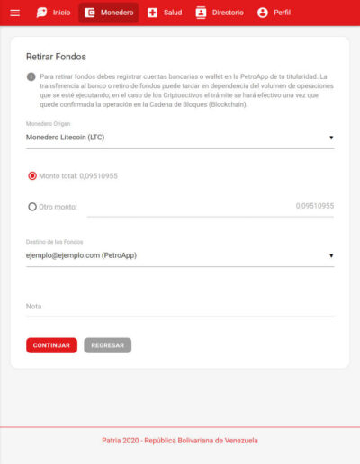 Retiro de fondos del monedero Litecoin a PetroApp en la plataforma Patria