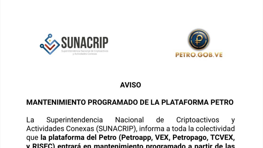Sunacrip - Aviso de mantenimiento programado de 08 de Enero de la plataforma Petro